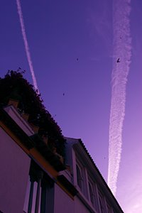 朝焼けの路地から見上げた空